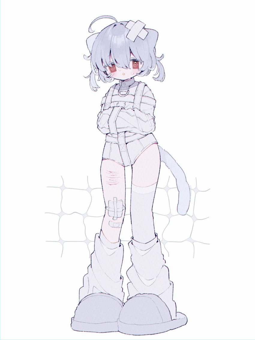 1girl @_@ ahoge animal_ears bandaid bandaid_on_leg blush bound bound_arms cat_ears cat_girl cat_tail chestnut_mouth commentary_request crossed_bandaids film_grain full_body gauze gauze_on_knee grey_footwear grey_hair grey_tail hair_between_eyes hair_intakes hands_up harness highres leg_warmers leotard long_sleeves medium_hair open_mouth original pigeon-toed red_eyes self-harm_scar short_twintails single_thighhigh slippers solo standing straitjacket tail thighhighs twintails upa_papa_co white_background white_leotard white_thighhighs