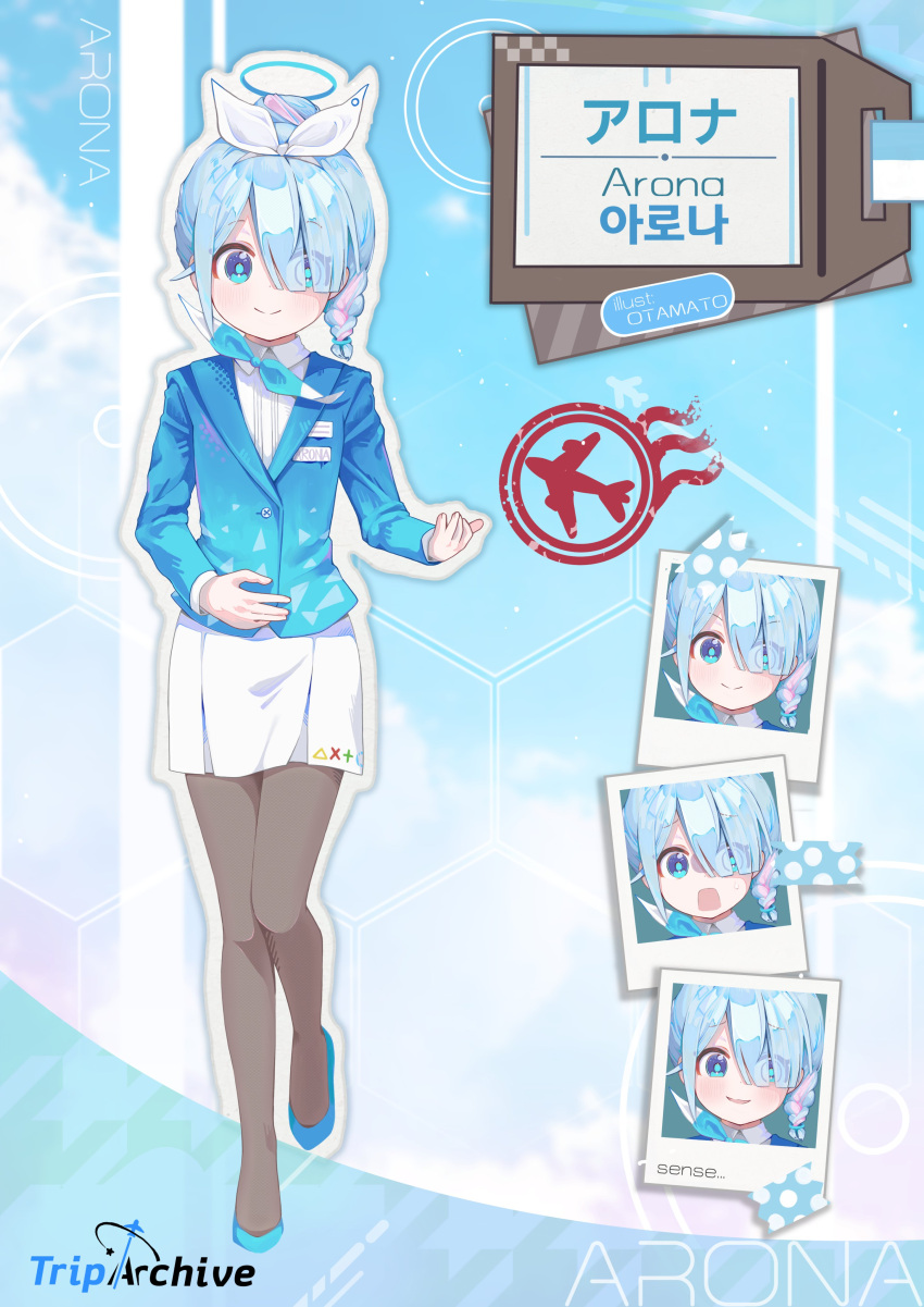 1girl absurdres alternate_costume arona_(blue_archive) artist_name black_pantyhose blue_archive blue_bow blue_bowtie blue_eyes blue_footwear blue_hair blue_halo blue_jacket blush bow bowtie braid character_name closed_mouth collared_shirt english_commentary eyes_visible_through_hair flight_attendant full_body hair_bow hair_over_one_eye halo high_heels highres jacket logo_parody multicolored_hair name_tag otamato119 outline pantyhose pink_hair pleated_skirt shirt short_braid short_hair skirt smile solo standing standing_on_one_leg streaked_hair travel_attendant two-tone_hair white_bow white_outline white_shirt white_skirt