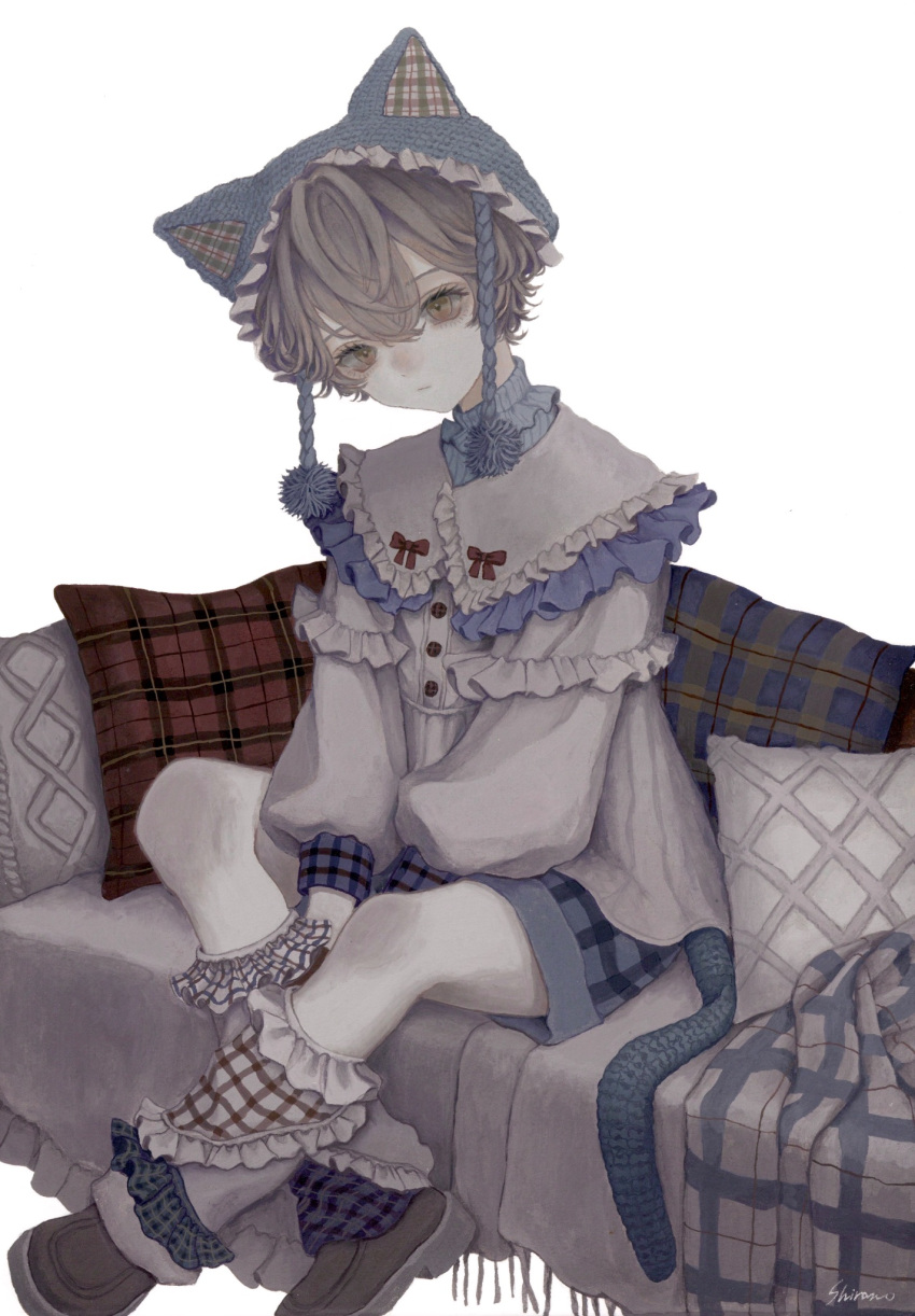 1boy animal_ears brown_eyes brown_hair cat_ears cat_tail frilled_shirt_collar frills full_body highres long_sleeves looking_at_viewer male_focus mashiroi_no original pillow plaid shirt short_hair shorts simple_background sitting socks solo tail white_background white_socks