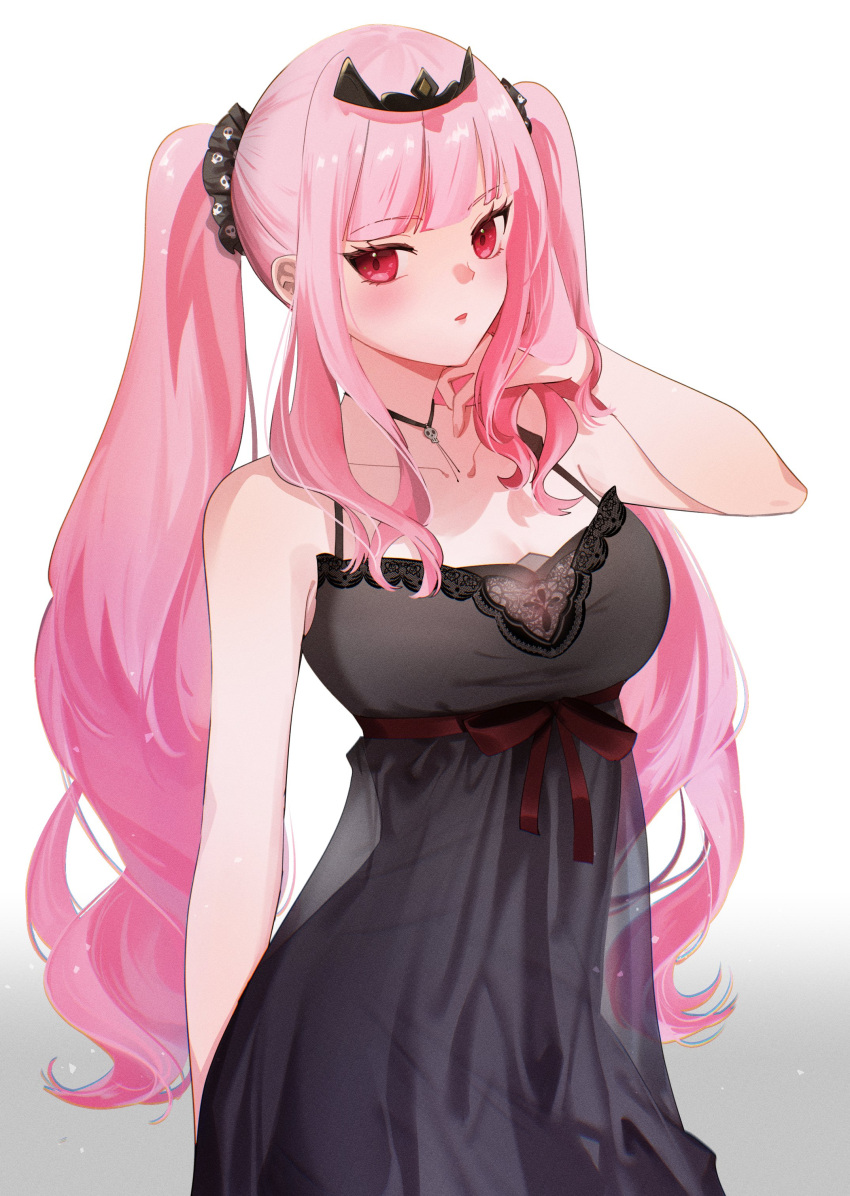 1girl absurdres bare_shoulders black_choker black_nightgown black_tiara breasts choker cleavage collarbone earrings hand_in_own_hair highres hololive hololive_english holomyth jewelry kiko_(kikobooom) lace-trimmed_nightgown large_breasts long_hair looking_at_viewer mori_calliope mori_calliope_(6th_costume) nightgown official_alternate_costume pink_eyes pink_hair red_eyes skull_choker skull_collar skull_earrings sleepwear solo tiara twintails virtual_youtuber white_background