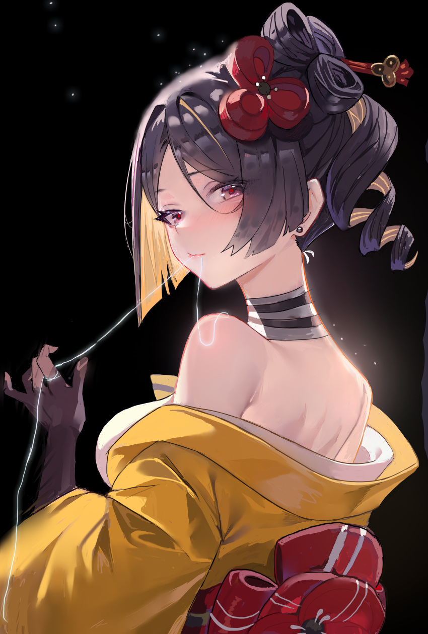 1girl absurdres bare_shoulders black_background black_gloves blonde_hair brown_hair chiori_(genshin_impact) choker drill_hair drill_ponytail duzizai earrings from_side genshin_impact gloves hair_ornament hair_stick highres japanese_clothes jewelry kimono long_hair looking_at_viewer looking_to_the_side mouth_hold multicolored_hair off_shoulder red_eyes ribbon_choker solo stud_earrings thread upper_body yellow_kimono