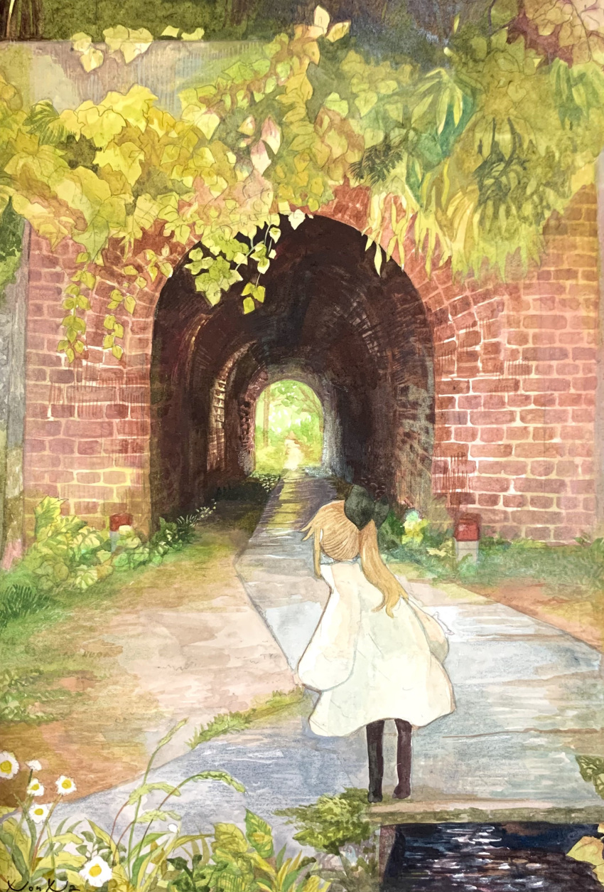 1girl absurdres arch black_bow blonde_hair bow brick_wall canal daisy day facing_away flower from_behind grass hair_bow highres leaf long_hair long_sleeves non_na original outdoors painting_(medium) plant ponytail scenery solo standing traditional_media tunnel water watercolor_(medium) white_flower