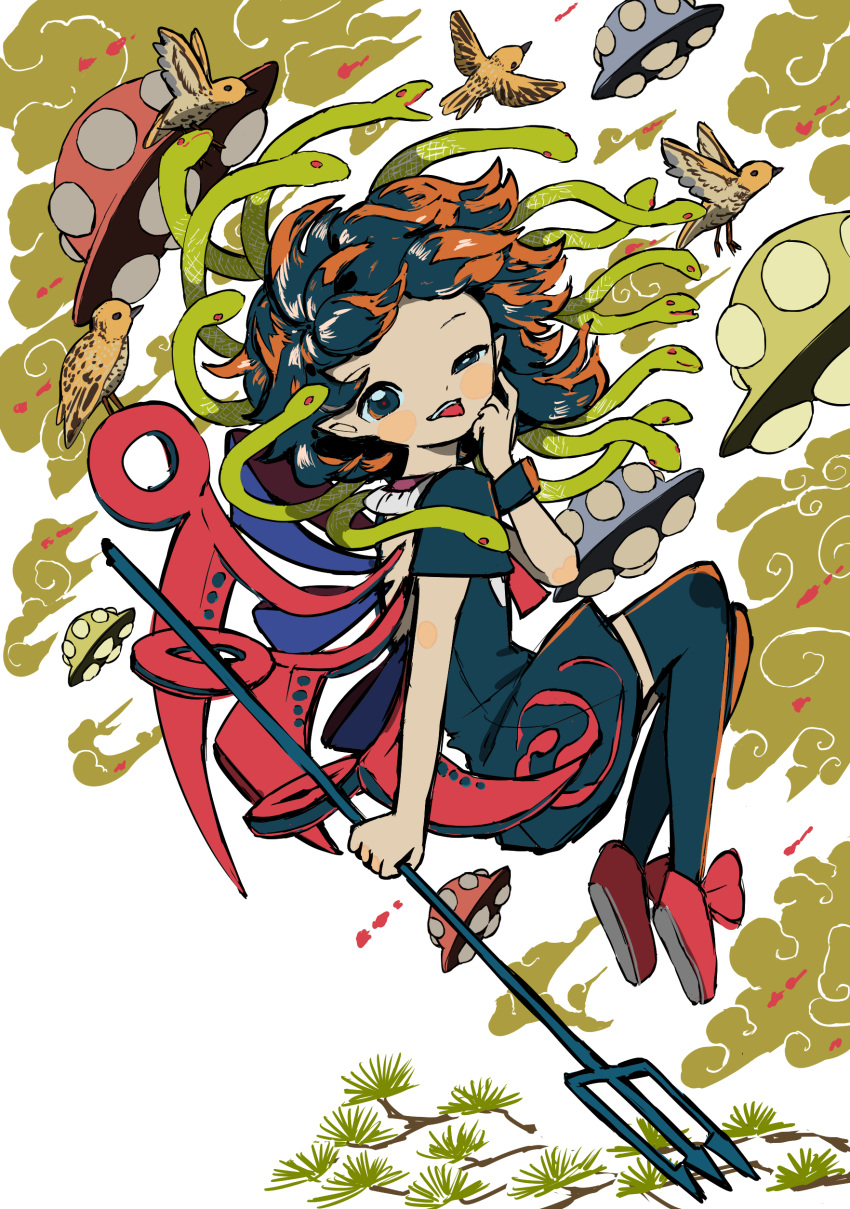 1girl absurdres animal bird black_dress black_hair black_thighhighs branch cloud commentary dress full_body half-closed_eye highres houjuu_nue looking_at_viewer medium_hair neruzou pointy_ears polearm red_footwear shoes short_dress short_sleeves snake solo thighhighs tongue tongue_out touhou trident ufo weapon white_background whorled_clouds wings