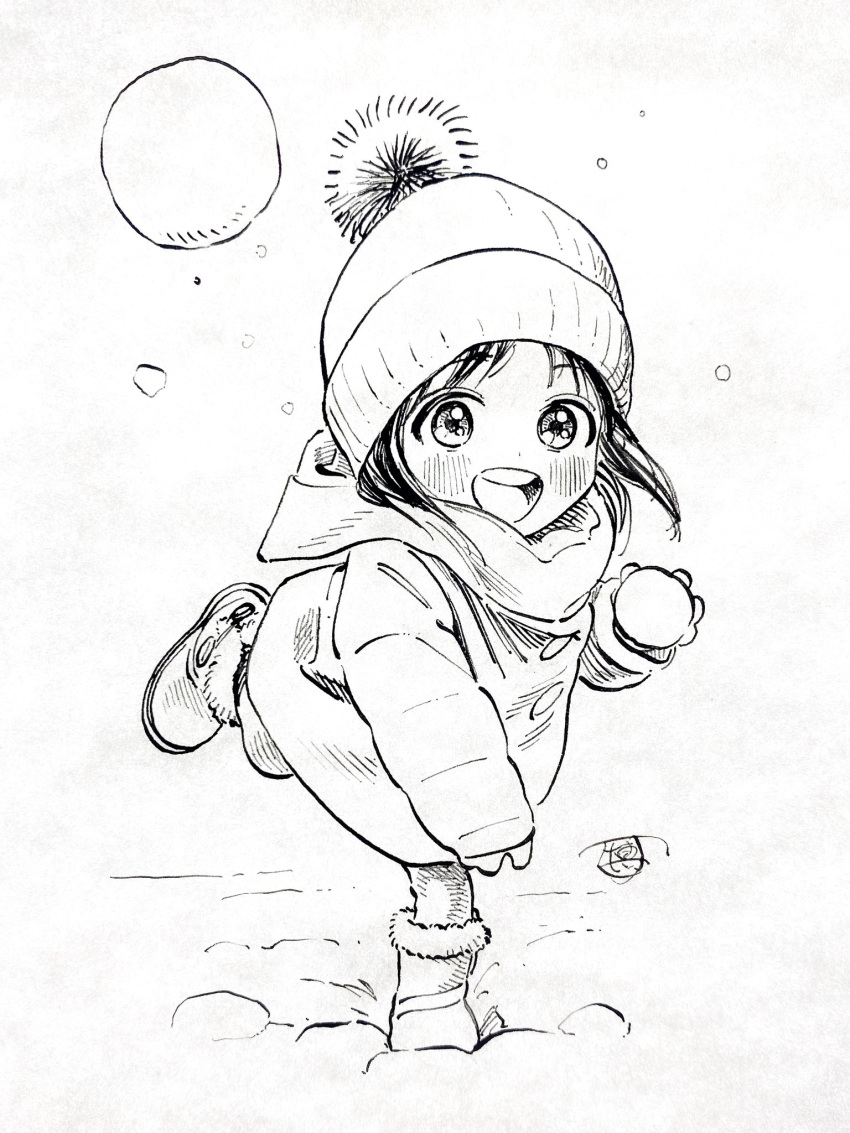 1girl akebi-chan_no_serafuku akebi_kao beanie blush child commentary_request greyscale hat highres hiro_(dismaless) looking_at_viewer monochrome open_mouth short_hair snowball solo standing teeth throwing upper_teeth_only winter_clothes