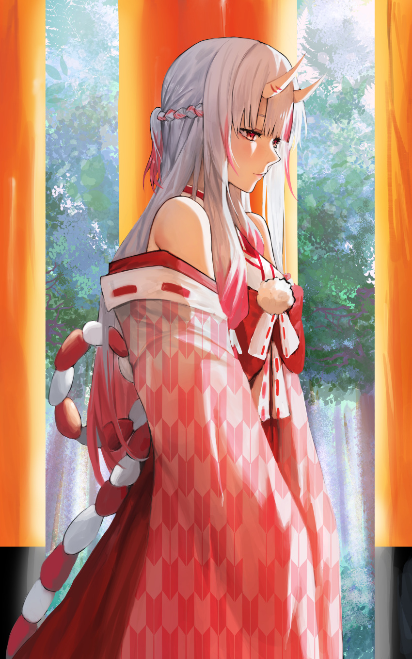 1girl absurdres bare_shoulders blush braid center-flap_bangs colored_tips commentary_request grey_hair hair_between_horns hakama hakama_skirt half_updo highres hololive horns japanese_clothes kaze_22 kimono korean_commentary long_hair looking_ahead multicolored_hair multiple_torii nakiri_ayame nakiri_ayame_(shrine_maiden) nontraditional_miko official_alternate_costume oni outdoors pink_kimono print_kimono red_eyes red_hair red_hakama red_skirt short_ponytail skin-covered_horns skirt sleeves_past_fingers sleeves_past_wrists solo streaked_hair torii virtual_youtuber wide_sleeves yagasuri