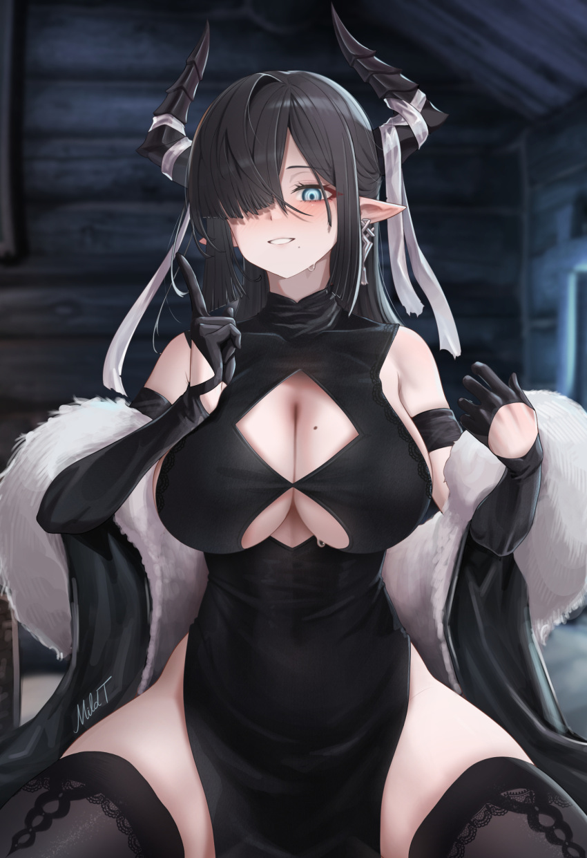 1girl :d absurdres arknights basket_sarkaz_lady black_dress black_gloves black_thighhighs blue_eyes blush breasts brown_hair cleavage cleavage_cutout clothing_cutout cowboy_shot dress feather_boa gloves grin hair_over_one_eye half_gloves hand_up highres horns huge_breasts index_finger_raised indoors legs_apart log_cabin long_hair looking_at_viewer mildt mole mole_on_breast one_eye_covered open_mouth pelvic_curtain pointy_ears side_slit sidelocks signature skindentation smile solo teeth thick_thighs thighhighs thighs wooden_wall