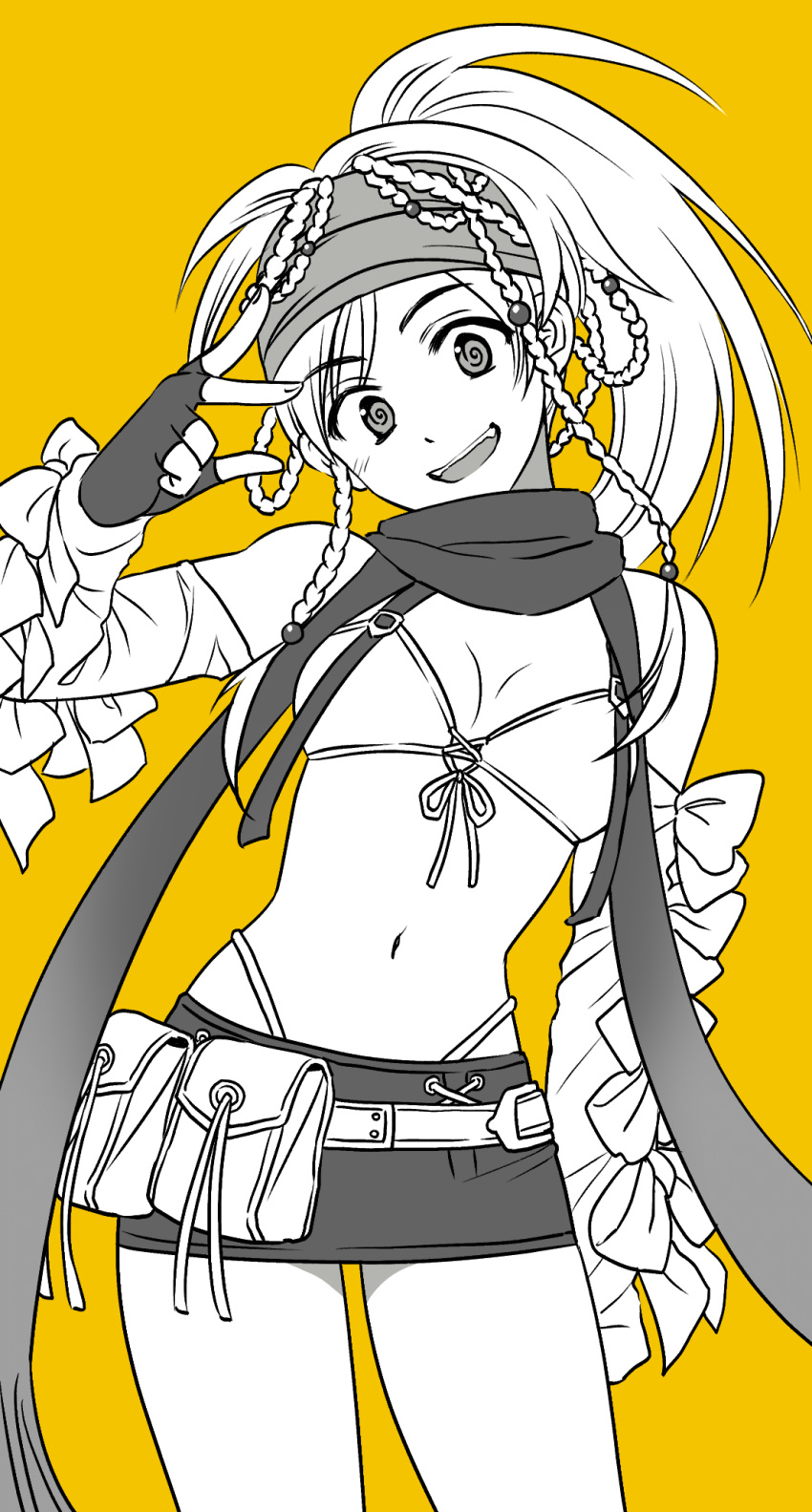 1girl bikini braid breasts final_fantasy final_fantasy_x final_fantasy_x-2 fingerless_gloves gloves greyscale hair_ornament headband highres ichi_(ichiyarou) long_hair looking_at_viewer monochrome navel open_mouth rikku_(ff10) scarf simple_background skirt smile solo swimsuit v