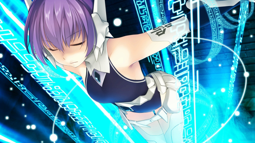 1girl astel(wizards_symphony) atelier-moo bare_shoulders closed_eyes closed_mouth cowboy_shot dungeon full_body golem hair_between_eyes mechanical_arms purple_hair restrained robot_ears short_hair sleeping sleeveless solo wizards_symphony