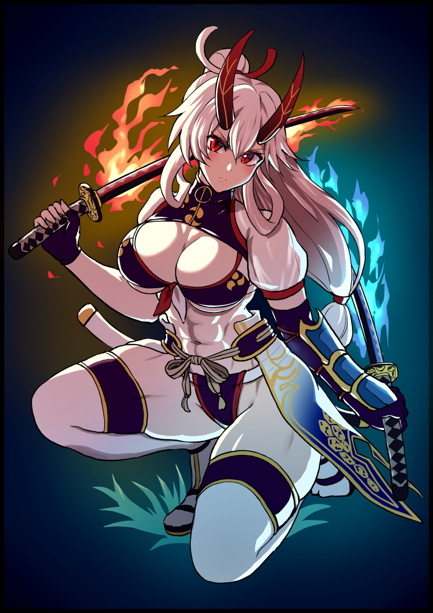 1girl abs absurdres arm_guards bikini blue_bikini blue_fire breasts cleavage cleavage_cutout clothing_cutout dual_wielding fate/grand_order fate_(series) fire hair_between_eyes harurukan high_ponytail highres holding horns katana kneeling large_breasts long_hair looking_at_viewer mitsudomoe_(shape) navel puffy_short_sleeves puffy_sleeves red_eyes red_horns short_sleeves sidelocks solo swimsuit sword thighhighs tomoe_(symbol) tomoe_gozen_(fate) tomoe_gozen_(swimsuit_saber)_(fate) tomoe_gozen_(swimsuit_saber)_(third_ascension)_(fate) toned weapon white_hair white_thighhighs