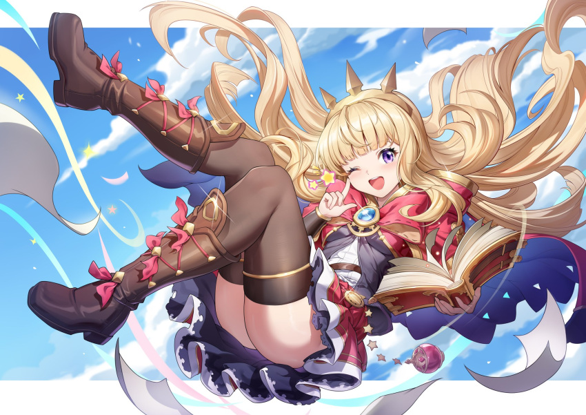 1girl :d ass black_footwear black_thighhighs blonde_hair blue_sky blush book boots brooch cagliostro_(granblue_fantasy) cape cloud cloudy_sky day finger_to_eye floating floating_hair full_body glint granblue_fantasy hair_spread_out hairband highres holding holding_book index_finger_raised jewelry knee_boots knees_together_feet_apart letterboxed long_hair looking_at_viewer miniskirt one_eye_closed open_book open_mouth outdoors petticoat pleated_skirt purple_cape purple_eyes red_cape red_skirt shenqi_xiao_hong_zai_nali shirt sidelocks skirt sky smile solo spiked_hairband spikes teeth thighhighs two-sided_cape two-sided_fabric upper_teeth_only white_shirt