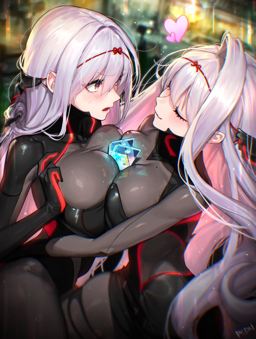 armored_bodysuit between_breasts black_bodysuit blush bodysuit breasts closed_eyes closed_mouth goddess_of_victory:_nikke grey_bodysuit grey_hair headgear heart highres holding hug large_breasts long_hair official_alternate_costume pasadena red_eyes rose_(nikke) scarlet_(black_shadow)_(nikke) scarlet_(nikke) see-through signature sweatdrop sword very_long_hair weapon