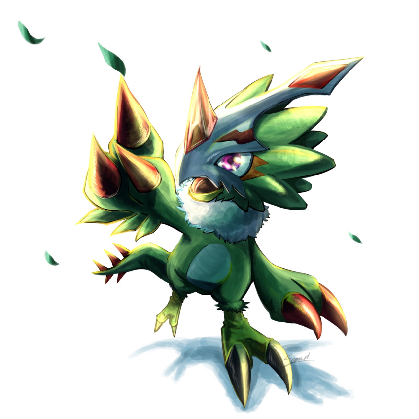 0903_senri beak bird claws digimon digimon_(creature) dragon feathers fewer_digits green_feathers highres leaf looking_up pteromon purple_eyes shadow signature simple_background solo talons white_background
