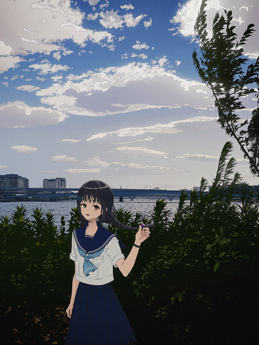 1girl :d amemori_sayo arm_at_side black_eyes black_hair blue_neckerchief blue_sailor_collar blue_skirt blue_sky braid breast_pocket bridge building bush cloud cloudy_sky highres holding holding_hair landscape long_bangs long_hair looking_at_viewer low_twin_braids nature neckerchief nijisanji nkymyura open_mouth plant pocket river sailor_collar scenery shirt short_sleeves sidelocks skirt sky smile solo twin_braids virtual_youtuber watch water white_shirt wide_shot wispy_bangs wristwatch