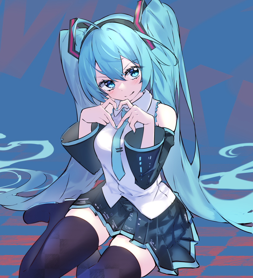 1girl absurdres bare_shoulders black_hairband blue_eyes blue_hair blue_nails blue_necktie blush boots breasts character_name collared_shirt detached_sleeves diving_penguin from_above full_body grey_shirt hair_between_eyes hairband hands_up hatsune_miku head_tilt heart heart_hands highres long_hair looking_at_viewer looking_up medium_breasts miniskirt nail_polish necktie pleated_skirt shirt sitting skindentation skirt small_breasts smile solo thigh_boots thighs twintails very_long_hair vocaloid wide_sleeves