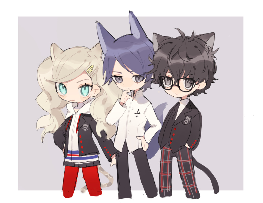 1girl 2boys :3 amamiya_ren animal_ears black-framed_eyewear black_hair black_jacket black_pants blue_eyes blue_hair cat_boy cat_ears cat_tail cheese_dakke closed_mouth drawstring fox_boy fox_ears fox_tail glasses grey_background grey_eyes grey_skirt hand_on_own_chin hand_on_own_hip hand_up hands_in_pockets highres hood hood_down hoodie jacket kemonomimi_mode kitagawa_yuusuke kosei_high_school_uniform leggings long_hair long_sleeves multiple_boys panther_ears panther_girl panther_tail pants persona persona_5 plaid plaid_pants pleated_skirt red_leggings school_uniform shirt short_hair shuujin_academy_school_uniform simple_background skirt smile spotted_tail standing tail takamaki_anne turtleneck twintails white_hoodie white_shirt