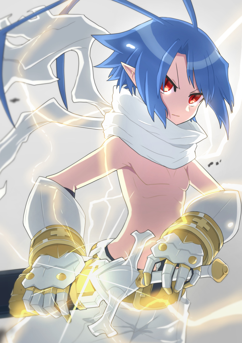 1boy antenna_hair blue_hair cross demon_boy disgaea disgaea_rpg gauntlets highres holding holding_sword holding_weapon laharl laharl_(thunderlord_laharl) light_persona looking_at_viewer male_focus nekosuke636 red_eyes scarf solo sword weapon white_scarf