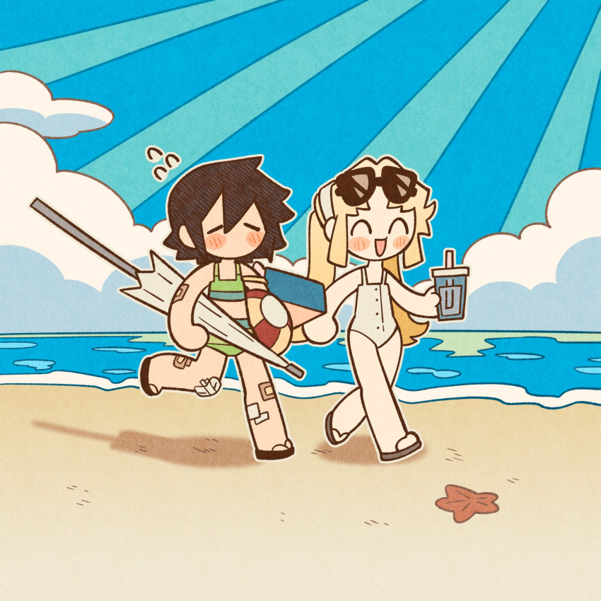 2girls :d amelia_lee bandaid bandaid_on_leg beach beach_umbrella beatrice_reden bikini blonde_hair blue_sky blush brown_hair chibi cloud cloudy_sky cup drink drinking_straw eyewear_on_head flying_sweatdrops gauze_on_knee green_bikini highres holding holding_drink holding_umbrella horizon i_love_amy light_rays long_hair multiple_girls ocean one-piece_swimsuit open_mouth sand shore sky smile starfish sunglasses swimsuit textless_version twintails umbrella unn1666 water white_one-piece_swimsuit