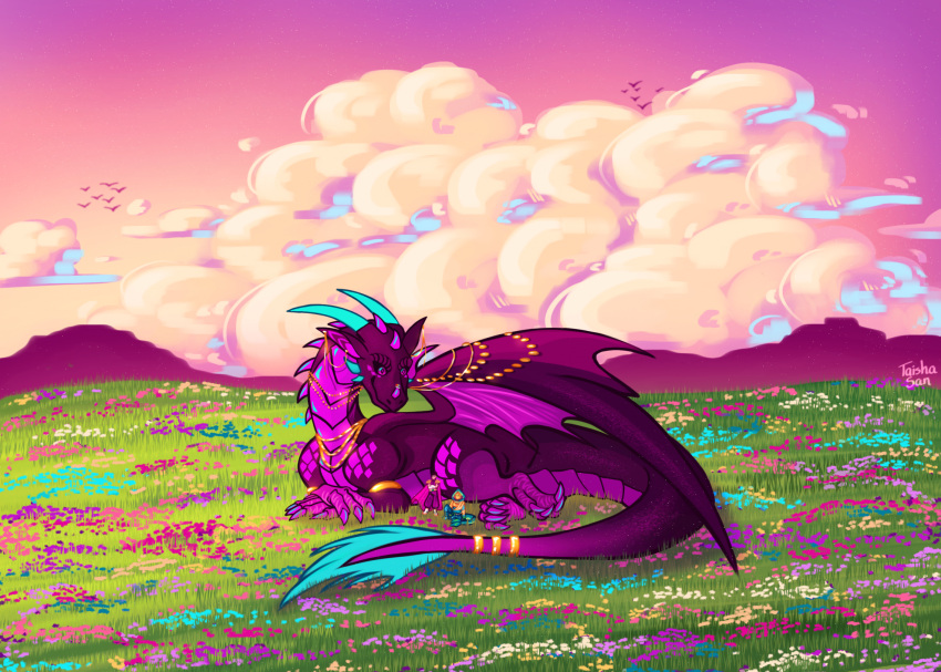 2023 accessory adopted_(lore) adopted_daughter_(lore) adoptive_father_(lore) aged_up ambiguous_feral ambiguous_focus ambiguous_gender animate_inanimate claws cloud colorful detailed_background digital_drawing_(artwork) digital_media_(artwork) digital_painting_(artwork) dragon female_(lore) feral feral_focus flower foolish_gamers furgonomics grass group hi_res horn human humanoid jewelry leonarda_(qsmp) lying male male_human male_humanoid mammal membrane_(anatomy) membranous_wings microsoft minecraft mojang mythological_creature mythological_scalie mythology necklace outside plant purple_body purple_scales qsmp ring scales scalie signature sitting size_difference sky solo_focus tail tail_accessory tail_jewelry tail_ring tail_tuft taisha_san totem_of_undying trio tuft vegetta777 wings xbox_game_studios