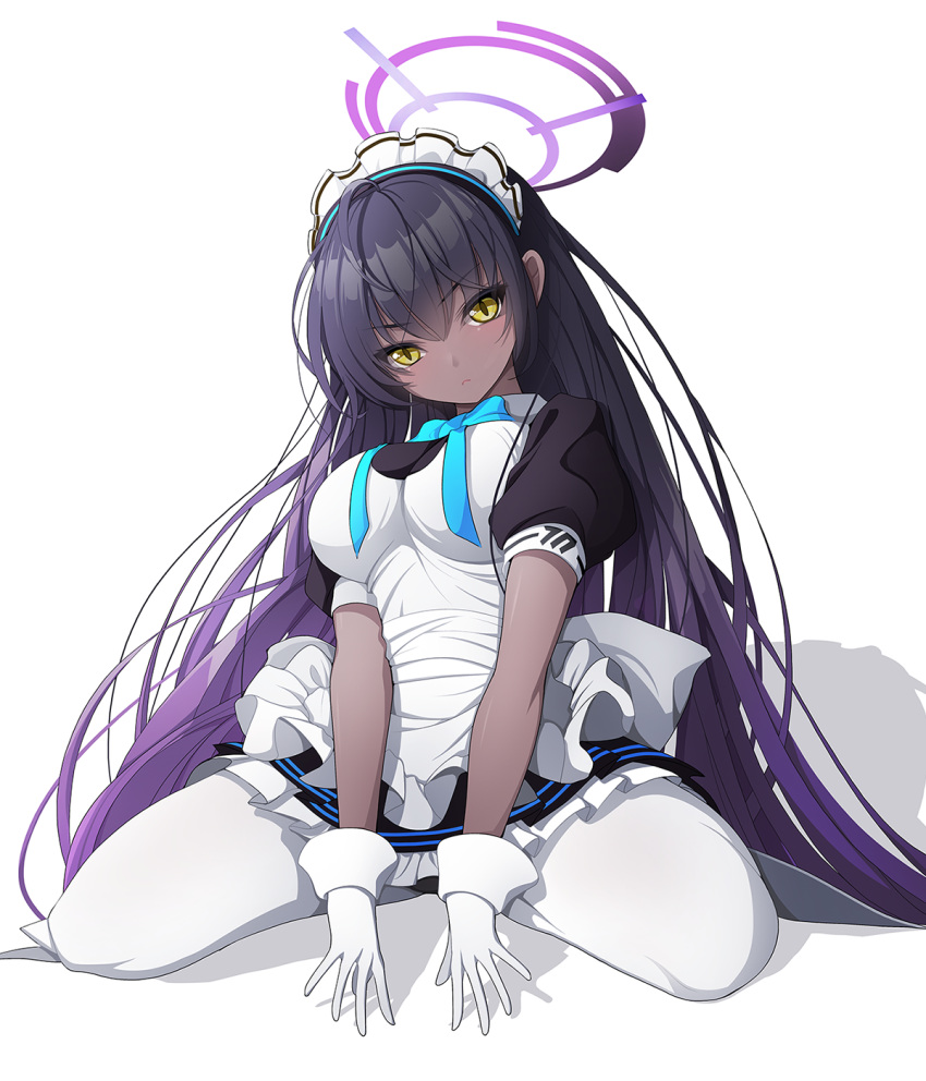1girl apron black_dress black_hair blue_archive breasts commentary_request dark-skinned_female dark_skin dress frilled_apron frills gloves halo highres karin_(blue_archive) koflif large_breasts long_hair maid maid_apron maid_headdress pantyhose puffy_short_sleeves puffy_sleeves purple_halo short_sleeves simple_background solo white_apron white_background white_gloves white_pantyhose yellow_eyes