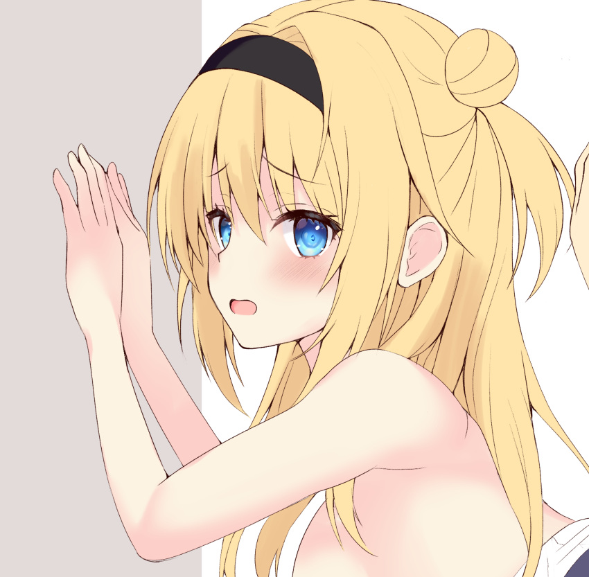 1girl bare_arms bare_shoulders black_hairband blonde_hair blue_eyes blush chitose_sana commentary_request eyelashes eyes_visible_through_hair from_side frown grey_background hair_between_eyes hair_bun hair_intakes hairband hand_on_wall hands_up highres long_hair looking_at_viewer one_side_up open_mouth out-of-frame_censoring paid_reward_available purunyara simple_background solo tenshinranman tsurime upper_body