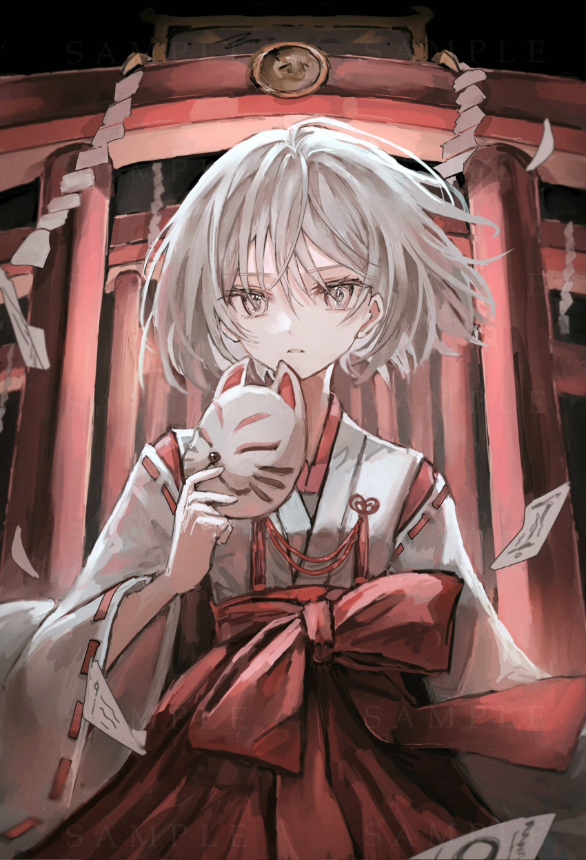 1girl architecture bow clenched_teeth commission dot_nose east_asian_architecture floating_hair fox fox_mask frown grey_eyes grey_hair hakama hakama_skirt highres holding holding_mask japanese_clothes kimono kumagai_yuka large_bow looking_at_viewer mask miko multiple_torii noh_mask ofuda original outdoors red_bow red_hakama red_ribbon ribbon ribbon-trimmed_sleeves ribbon_trim rope sample_watermark shimenawa short_hair skirt solo teeth torii upper_body watermark white_kimono wide_sleeves