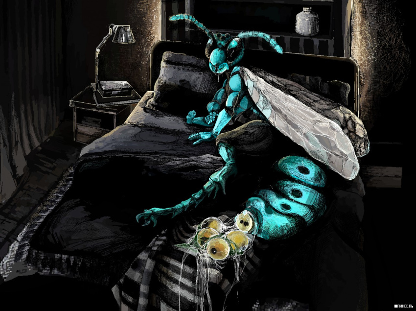 4_arms antennae_(anatomy) anthro arthropod arthropod_abdomen arthropod_abdomen_genitalia bed bed_sheet bedding bodily_fluids compound_eyes detailed_background digital_media_(artwork) digitigrade drooling egg exoskeleton furniture genital_fluids genitals german_yellowjacket hymenopteran insect insect_wings intersex jeffusherb lamp mandibles multi_arm multi_limb on_bed oviposition riocynn_ra'ak saliva solo vaginal_fluids vespid wasp wings yellowjacket_(wasp)