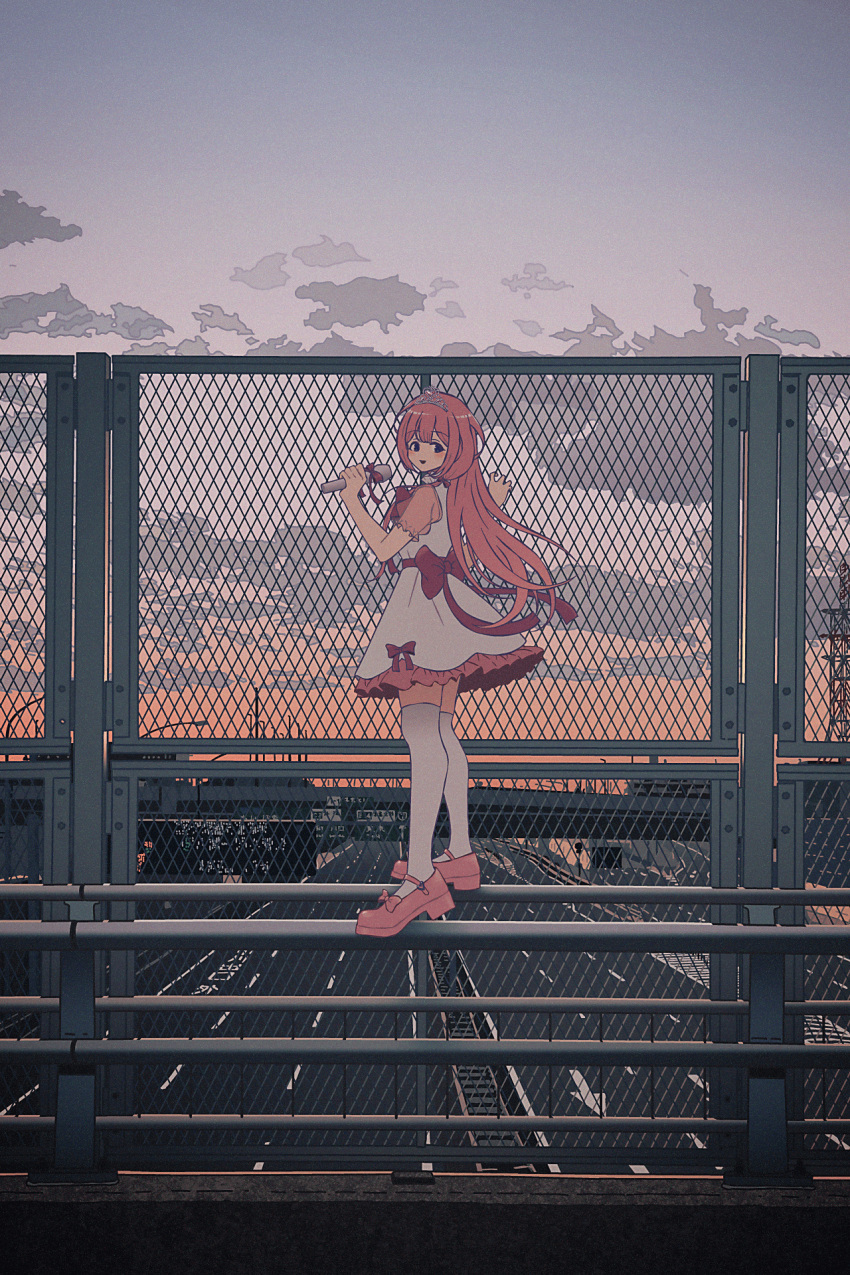 1girl :d black_eyes bridge chain-link_fence cloud cloudy_sky dress evening fence frilled_dress frills from_side hand_up highres highway holding holding_microphone long_hair looking_at_viewer microphone nijisanji nkymyura open_mouth outdoors pink_footwear pink_hair railing shoes short_dress short_sleeves sidelocks sky smile solo suo_sango thighhighs tiara virtual_youtuber walking_on_railing white_dress white_thighhighs wide_shot zettai_ryouiki
