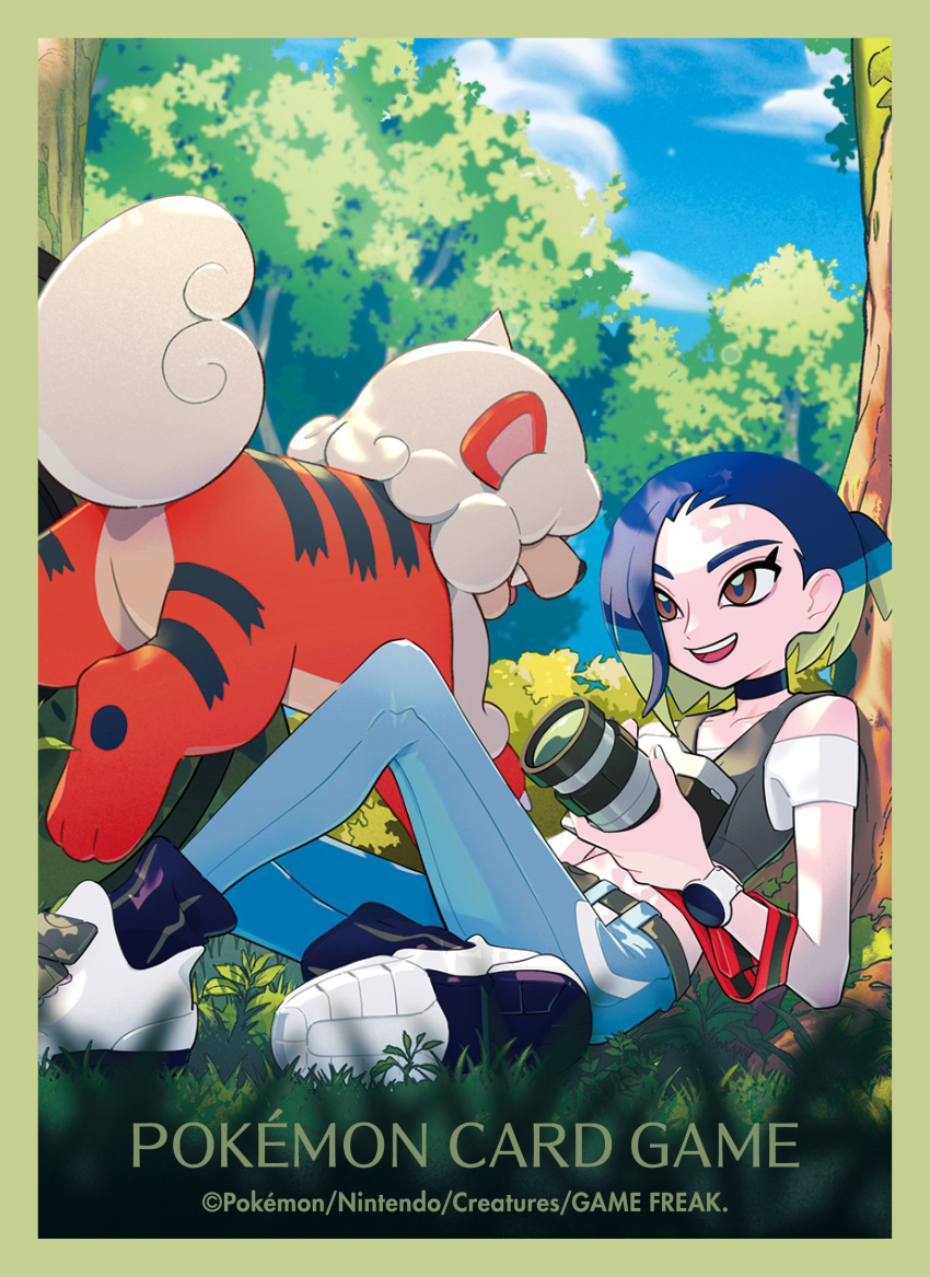 1girl :d absurdres black_socks blue_hair border brown_eyes camera cloud commentary_request day eyelashes grass green_border grey_vest highres hisuian_growlithe holding holding_camera off-shoulder_shirt off_shoulder official_art open_mouth outdoors pants perrin_(pokemon) pokemon pokemon_(creature) pokemon_sv pokemon_tcg shirt shoes sky smile socks teeth tree upper_teeth_only vest watch white_footwear wristwatch