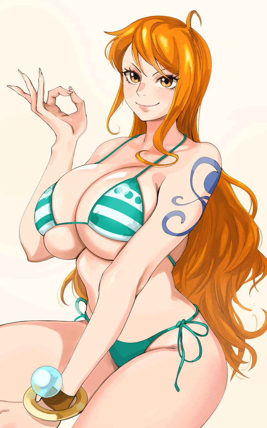 1girl absurdres bangle bare_shoulders bikini bracelet breasts brown_eyes cleavage closed_mouth commentary cowboy_shot eyelashes fingernails green_bikini halterneck hand_gesture hand_up highres jewelry joy_boy large_breasts lips log_pose long_hair looking_at_viewer money_gesture nami_(one_piece) one_piece orange_hair shoulder_tattoo side-tie_bikini_bottom simple_background single_sidelock smile solo stomach swimsuit tattoo underboob very_long_hair wavy_hair