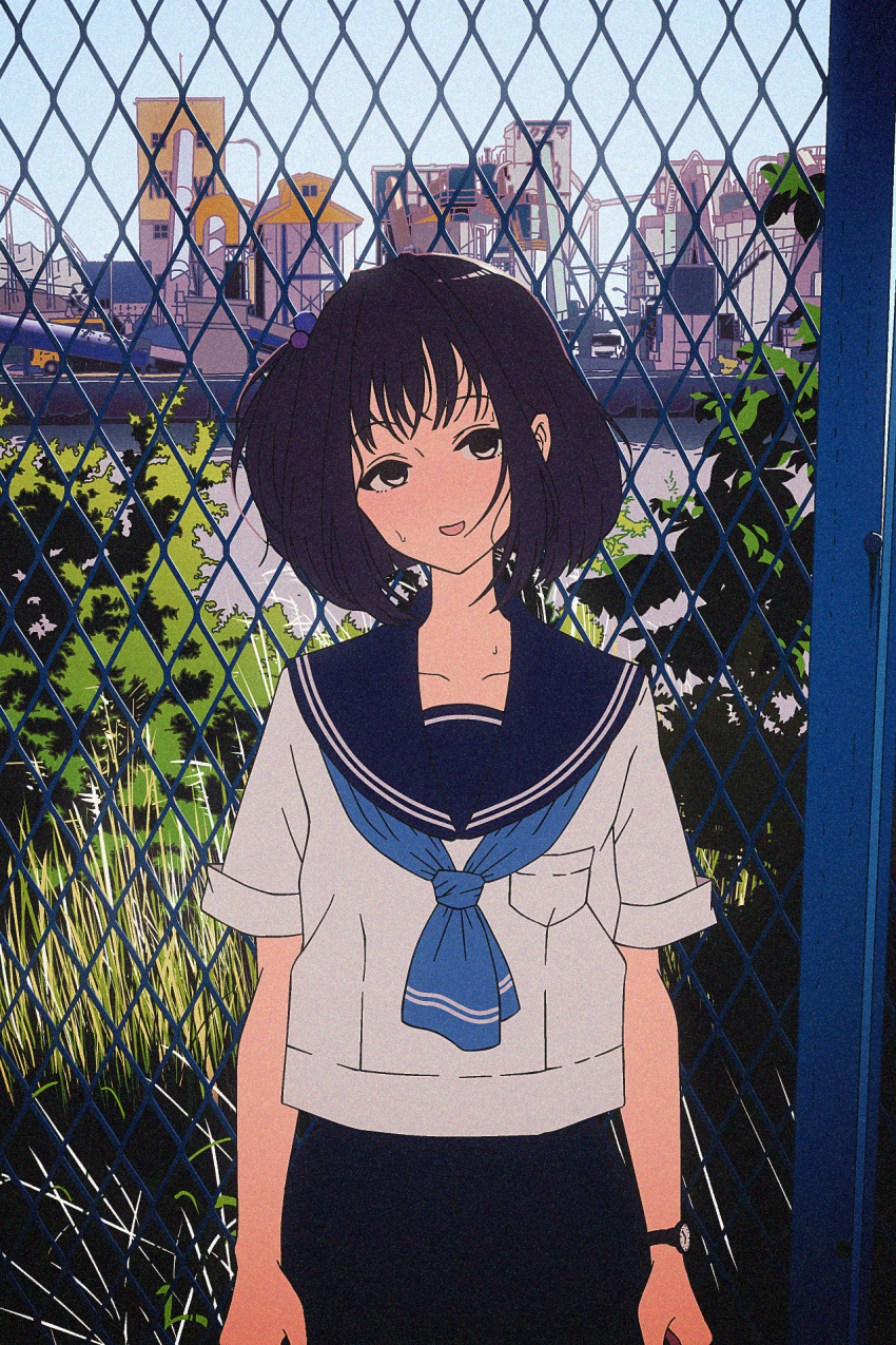 1girl :d amemori_sayo arms_at_sides black_eyes black_hair black_sailor_collar black_skirt blue_neckerchief blush breast_pocket building canal chain-link_fence collarbone cowboy_shot fence grass head_tilt highres looking_at_viewer neckerchief nijisanji nkymyura nose_blush open_mouth outdoors pocket river sailor_collar school_uniform serafuku shirt short_hair short_sleeves skirt smile solo sweat tree virtual_youtuber watch white_shirt wristwatch