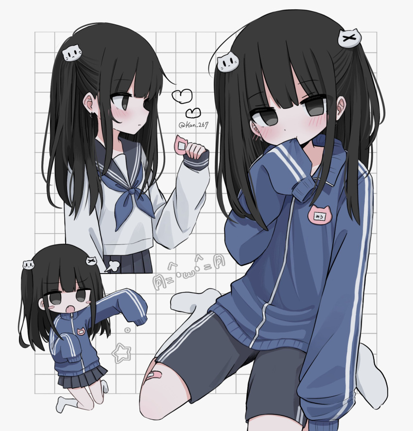 1girl black_eyes black_hair black_sailor_collar black_shorts black_skirt blue_jacket blue_neckerchief blush clothes_in_mouth dot_nose grid_background gym_shorts half_updo heart highres jacket kanikan kneehighs long_hair looking_at_viewer mouth_hold multiple_views name_tag neckerchief no_shoes original pleated_skirt sailor_collar shirt shorts sidelocks simple_background sitting skirt sleeve_cuffs sleeves_past_fingers sleeves_past_wrists socks striped_clothes striped_jacket track_jacket twitter_username wariza white_background white_shirt white_socks