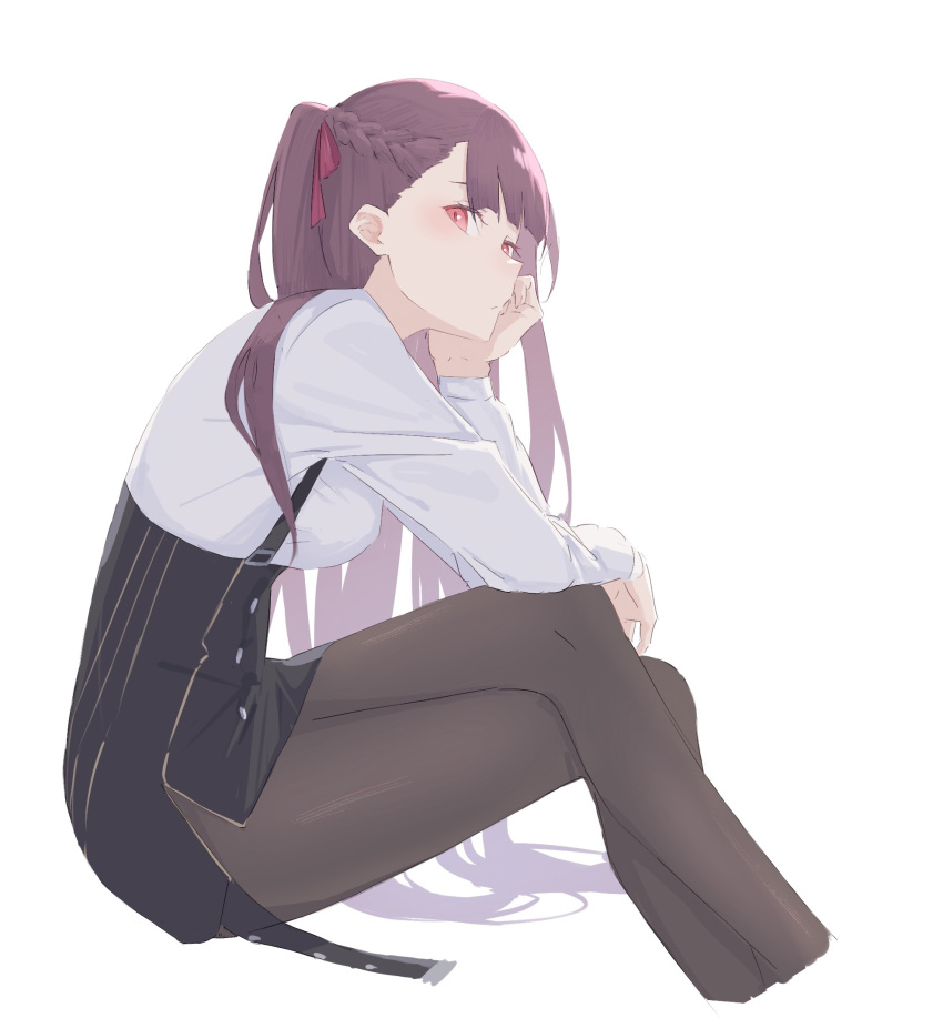 1girl arm_support black_pantyhose braid cropped_legs crossed_legs french_braid from_side girls'_frontline hair_ribbon hand_on_own_face hand_on_own_knee highres looking_at_viewer masshiromilktea11014 one_side_up pantyhose purple_hair red_eyes red_ribbon ribbon sideways_glance simple_background sitting solo wa2000_(girls'_frontline) white_background