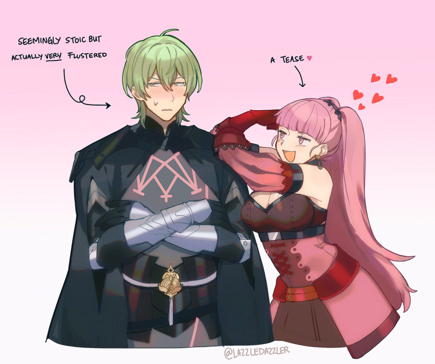 1boy 1girl armor bare_shoulders black_armor black_cape blush breasts byleth_(fire_emblem) byleth_(male)_(fire_emblem) cape cleavage commentary commission crossed_arms detached_sleeves dress earrings english_commentary english_text enlightened_byleth_(male) fire_emblem fire_emblem:_three_houses gauntlets gloves green_eyes grey_hair highres hilda_valentine_goneril jewelry large_breasts long_hair looking_at_another pink_background pink_dress pink_eyes pink_hair pomme_(lazzledazzle) red_gloves short_hair simple_background smile twintails twitter_username very_long_hair