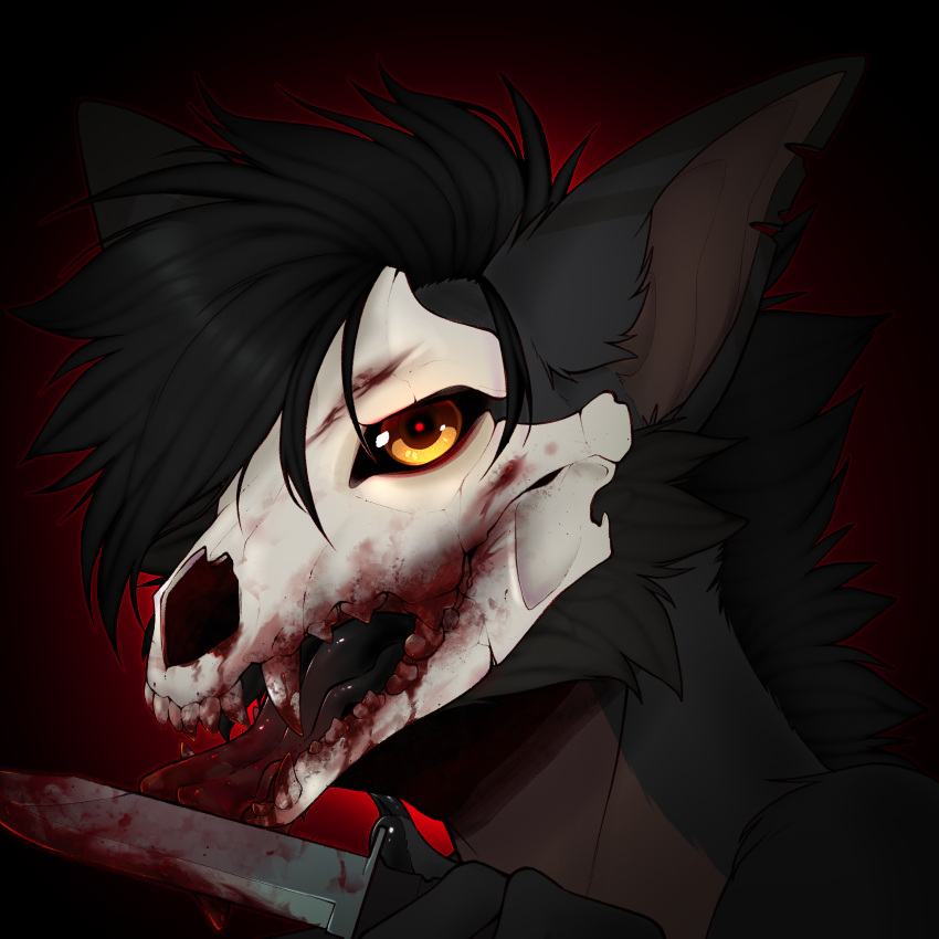 1:1 absurd_res blood blood_in_mouth blood_on_face blood_on_weapon bodily_fluids bone canid canine canis headshot_portrait hi_res knife knife_in_mouth knife_play licking licking_knife maddencreatures mammal object_in_mouth portrait skull skull_head skully weapon wolf