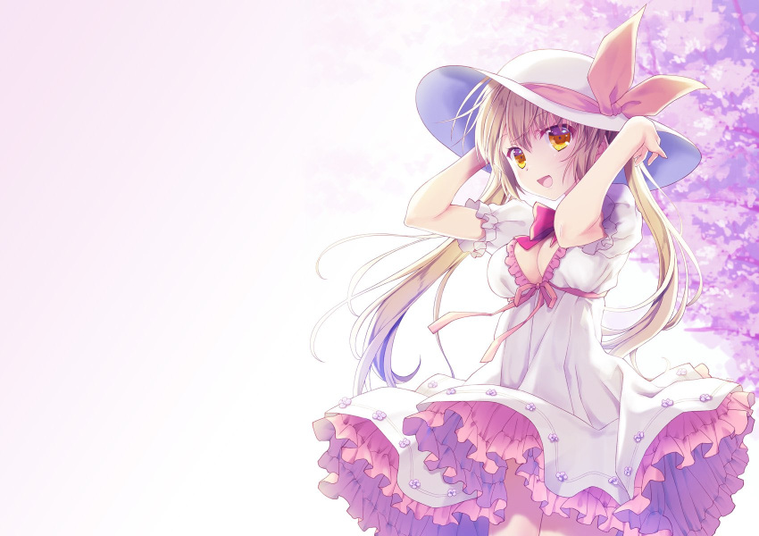 1girl :d blonde_hair blush bow breasts cherry_blossoms cleavage cleavage_cutout clothing_cutout commentary_request cowboy_shot day dress floating_clothes floating_hair frilled_dress frills hair_between_eyes hands_up happy hat hat_ribbon highres kokonobi long_hair medium_breasts open_mouth original outdoors pink_background pink_ribbon puffy_short_sleeves puffy_sleeves red_bow ribbon short_sleeves sidelighting simple_background smile solo straight_hair twintails very_long_hair white_dress white_headwear yellow_eyes