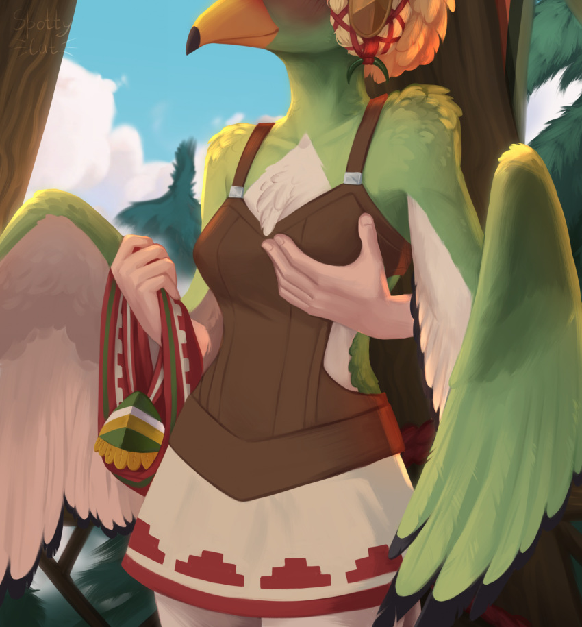 amali_(tloz) anthro avian beak blush bottomwear breast_grab breasts breath_of_the_wild clothed clothing cloud collar disembodied_hand ear_piercing ear_ring feathers female green_body green_feathers grope hand_on_breast hi_res holding_clothing holding_object inside nintendo partially_clothed piercing ring_piercing rito rito_village skirt sky solo spotty.cat story story_in_description the_legend_of_zelda undressing undressing_another winged_arms wings