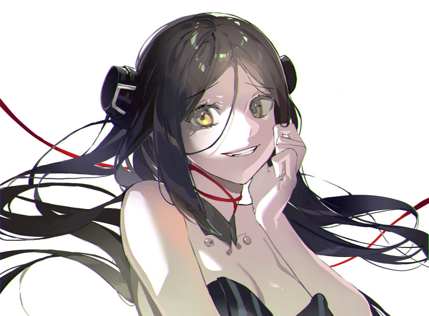 1girl black_collar black_hair breasts cleavage collar detached_collar dreamer_(girls'_frontline) floating_hair girls'_frontline hair_ornament hand_on_own_face highres long_hair looking_at_viewer parted_lips simple_background smile solo teeth upper_body white_background yellow_eyes yongsadragon