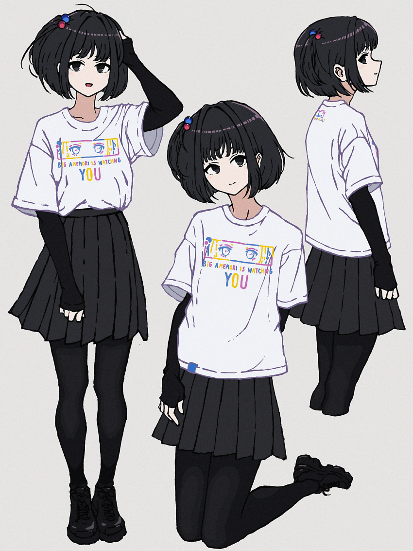 1girl :d amemori_sayo arm_at_side black_eyes black_footwear black_hair black_pantyhose black_shirt black_skirt closed_mouth clothes_writing collarbone commentary cropped_legs english_text grey_background high-waist_skirt highres layered_shirt legs_together long_bangs looking_at_viewer miniskirt multiple_views nijisanji nkymyura open_mouth pantyhose pleated_skirt print_shirt profile shirt shirt_tucked_in shoes short_hair short_sleeves sidelocks sideways_glance simple_background skirt sleeves_past_wrists smile sneakers symbol-only_commentary thigh_gap virtual_youtuber white_shirt