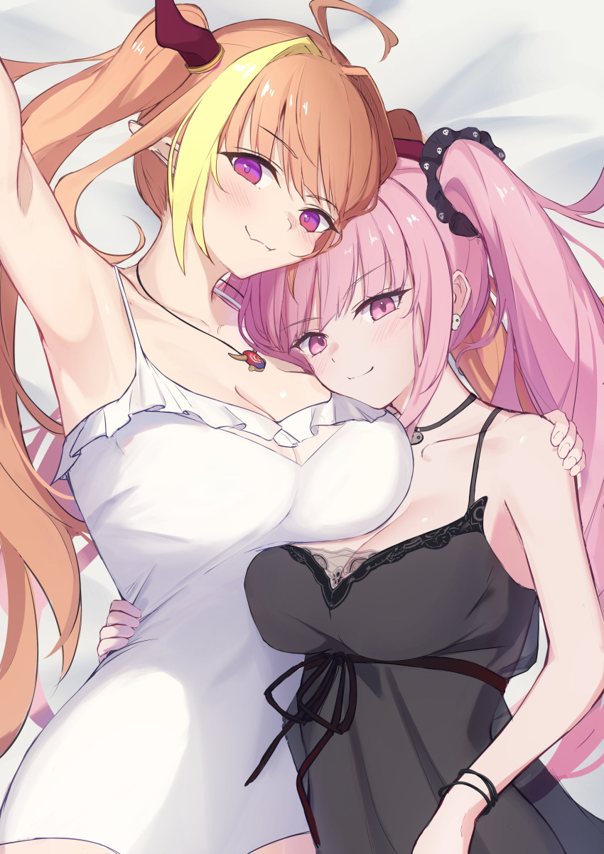 2girls absurdres ahoge armpits bare_shoulders black_nightgown black_ribbon blonde_hair breasts cleavage commission dragon_girl dragon_horns earrings face_to_breasts fang gradient_eyes hair_intakes hand_on_another's_shoulder highres hololive hololive_english horns jewelry kiryu_coco lace-trimmed_nightgown long_hair looking_at_viewer lying mori_calliope mori_calliope_(6th_costume) multicolored_eyes multicolored_hair multiple_girls nightgown on_back pink_eyes pink_hair purple_eyes red_eyes ribbon see-through see-through_cleavage see-through_silhouette selfie skeb_commission skin_fang skull_choker skull_earrings sleepwear smile sora_shitatoge streaked_hair twintails underbust very_long_hair virtual_youtuber white_nightgown