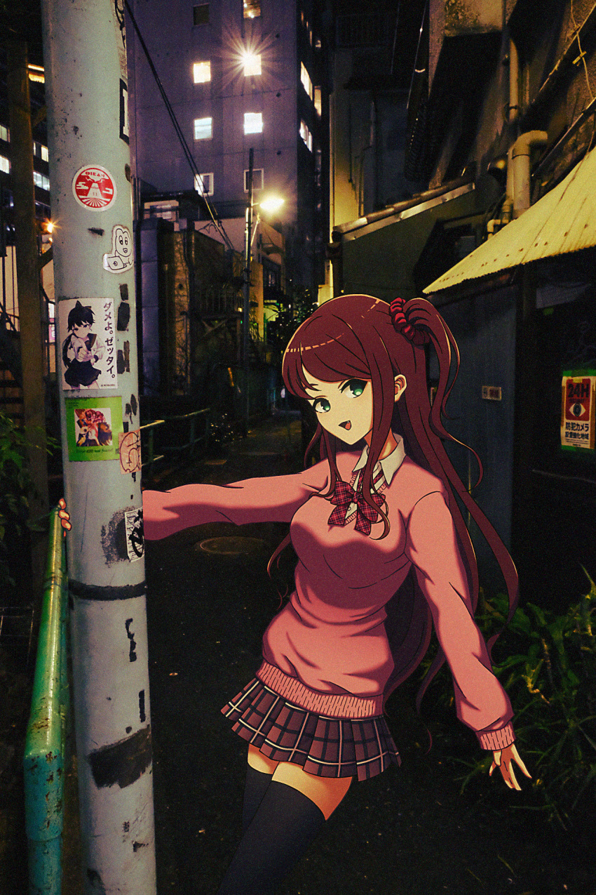 1girl :d akabane_youko alley black_thighhighs bow bowtie building bush collared_shirt cowboy_shot green_eyes hanging highres lamppost long_hair looking_at_viewer manhole_cover night nijisanji nkymyura one_side_up open_mouth outdoors pink_sweater plaid plaid_bow plaid_bowtie plaid_skirt plant pleated_skirt red_bow red_bowtie red_hair red_skirt shirt sidelocks skirt sleeve_cuffs sleeves_past_wrists smile solo sticker sweater thighhighs utility_pole virtual_youtuber white_shirt window zettai_ryouiki