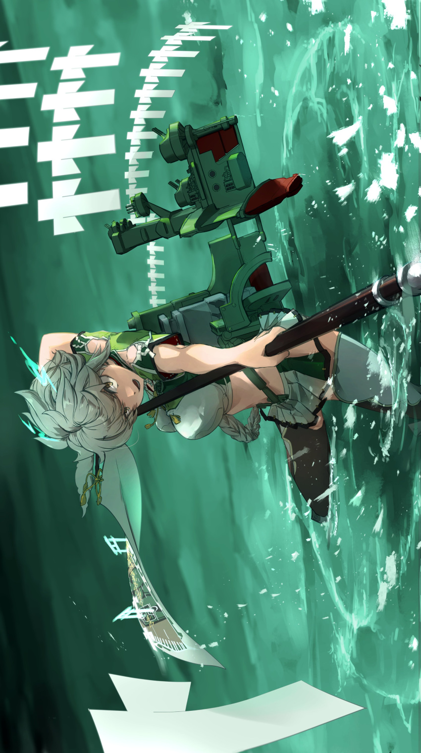 1girl absurdres asymmetrical_hair braid breasts cloud_print crop_top highres jitome kantai_collection large_breasts long_hair looking_at_viewer machinery pleated_skirt polearm shikigami sideways single_braid skirt solo thighhighs unryuu_(kancolle) very_long_hair wading water weapon white_hair white_skirt white_thighhighs wokyu_(houkago_no_megane) yellow_eyes
