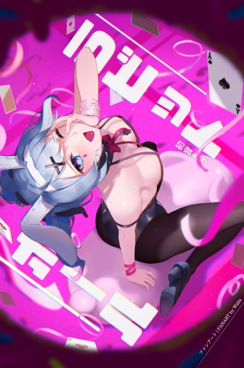 1girl absurdres ace_(playing_card) ace_of_hearts ace_of_spades animal_ears artist_name bare_shoulders black_leotard black_ribbon blue_eyes blue_hair blush bow bowtie breasts card fake_animal_ears fishnet_pantyhose fishnets hair_ornament hair_ribbon hatsune_miku head_back heart heart-shaped_pupils high_heels highres leotard looking_at_viewer looking_up medium_breasts necktie one_eye_closed open_mouth pantyhose pink_background pink_bow pink_bowtie pink_necktie pink_ribbon playboy_bunny playing_card rabbit_ears rabbit_hole_(vocaloid) ribbon riding riidu_2227 spade_(shape) spaghetti_strap symbol-shaped_pupils teardrop_facial_mark translation_request vocaloid x_hair_ornament