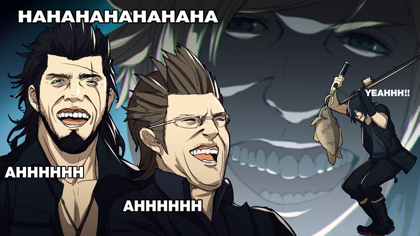 final_fantasy final_fantasy_xv fishing gladiolus_amicitia glasses highres ignis_scientia laughing laughing_tom_cruise male_focus meme multiple_boys noctis_lucis_caelum parody pen_(steelleets) prompto_argentum tom_cruise what