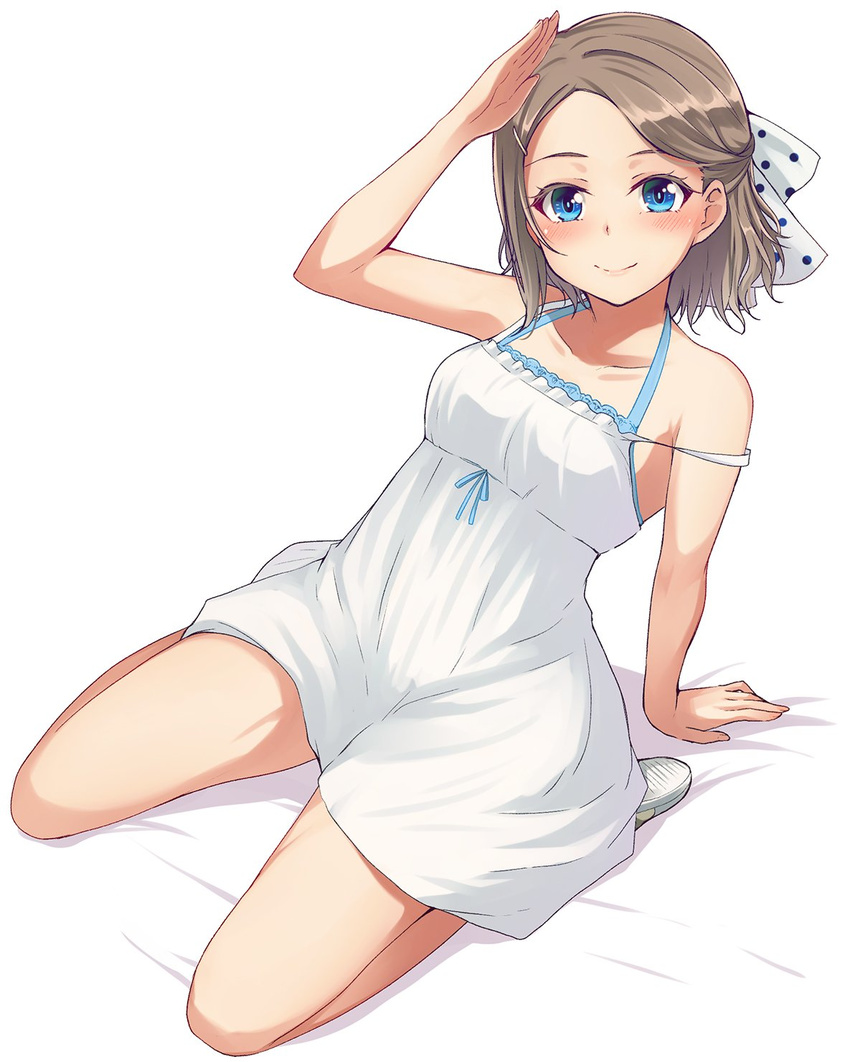 alternate_hairstyle arm_support bare_arms bare_legs bare_shoulders blue_eyes bow brown_hair collarbone commentary dress forehead foreshortening frilled_dress frills full_body hair_bow hair_ornament hairclip half_updo highres leaning_back looking_at_viewer love_live! love_live!_sunshine!! nanotsuki polka_dot polka_dot_bow salute seiza shoes short_hair simple_background sitting smile solo strap_slip sundress watanabe_you white_background