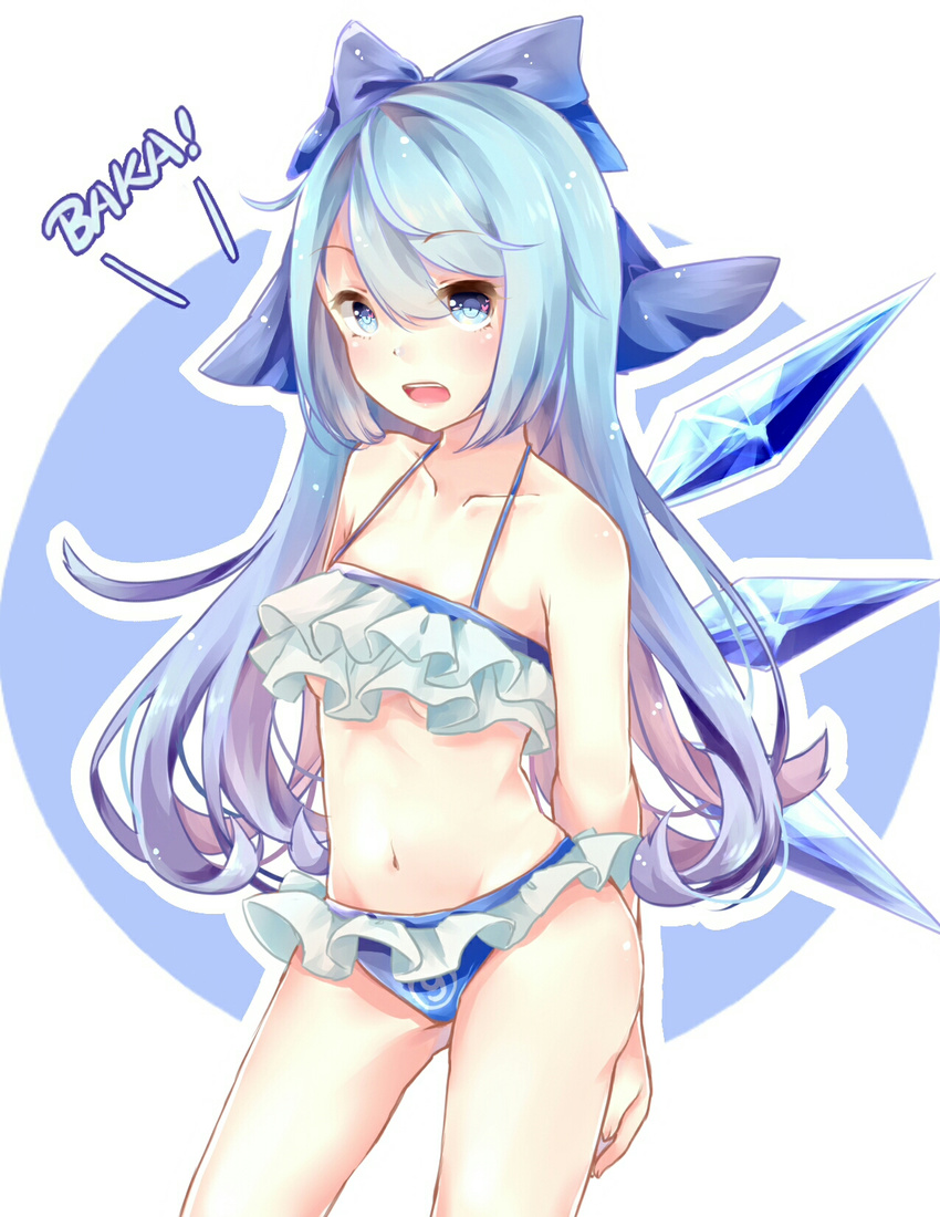 1girl alternate_hair_length alternate_hairstyle arms_behind_back bikini blue_bikini blue_bow blue_eyes blue_hair blush body_blush bow breasts cinderella_bust cirno collarbone commentary_request frilled_bikini frills hair_between_eyes hair_bow halter_top halterneck highres ice ice_wings long_hair looking_at_viewer navel open_mouth outline romaji simple_background small_breasts solo standing swimsuit teeth touhou underboob white_background wings yilocity