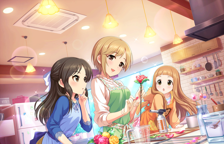 aiba_yumi apron artist_request bangs blunt_bangs blush bottle bow brown_eyes brown_hair child flower gloves hair_bow ichihara_nina idolmaster idolmaster_cinderella_girls idolmaster_cinderella_girls_starlight_stage indoors kitchen long_hair looking_at_another looking_at_viewer measuring_cup multiple_girls official_art open_mouth parted_bangs refrigerator short_hair smile spray_bottle sugar_bowl tachibana_arisu
