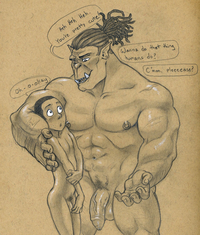 abs arm_around_shoulders balls big_muscles dialogue duo eye_scar flaccid human humanoid male male/male mammal monochrome muscular navel nipple_piercing nipples nude orc pecs pencil_(artwork) penis penis_size_difference piercing pubes scar size_difference slime speech_bubble traditional_media_(artwork) tush tusks twink uncut vein veiny_penis