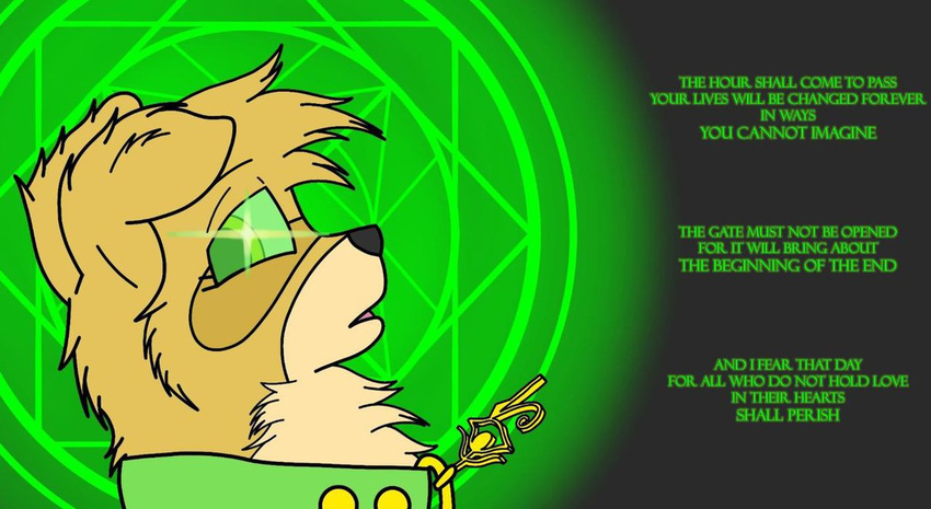 abstract_background canine collar deviantart female fur gold_fur green_collar green_eyes housepets! looking_at_viewer mammal possession tarot_(housepets!) text unknown_artist