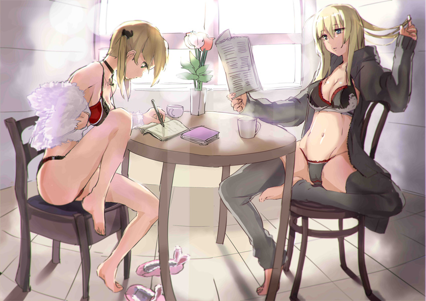 adapted_costume alternate_costume ass backlighting bare_legs barefoot bismarck_(kantai_collection) black_bra black_jacket black_legwear black_panties black_ribbon blonde_hair blue_eyes bra breasts chair cleavage coffee_mug collarbone cup day flower frilled_bra frills full_body fur hair_ribbon hand_in_hair indoors jacket kantai_collection kitchen long_hair medium_breasts midriff mug multiple_girls navel newspaper no_headwear open_clothes open_jacket open_shirt panties parted_lips pencil plant prinz_eugen_(kantai_collection) profile reading red_panties ribbon satou_daiji shawl shirt sitting slippers slippers_removed spread_legs stomach strap_gap sunlight table teacup thighhighs tile_floor tiles toeless_legwear tulip twintails underwear underwear_only vase writing