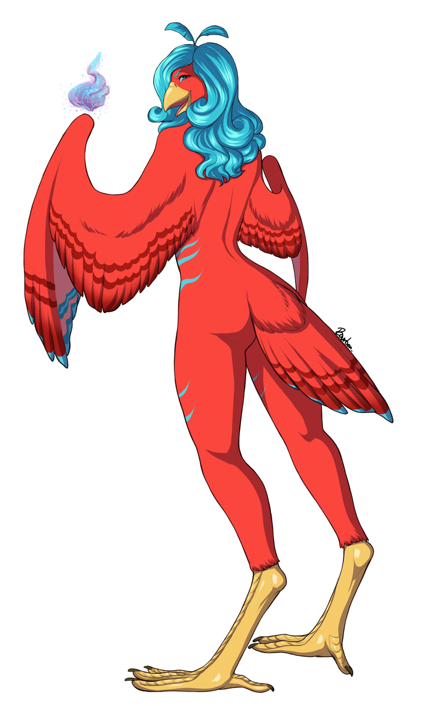 ambiguous_gender anthro avian beak bird bourbon_(artist) butt feathers looking_at_viewer nude open_mouth smile solo standing